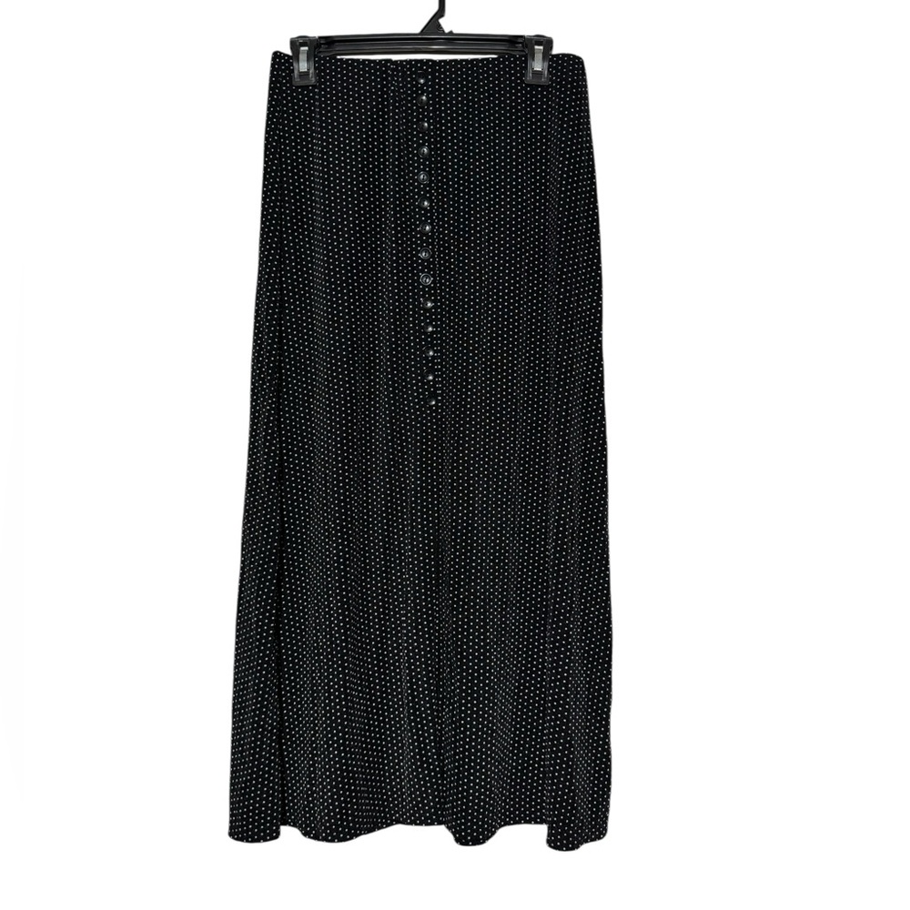 Vtg Black Polka Dot Slinky Maxi Skirt Size M Black White Coquette Modest Button